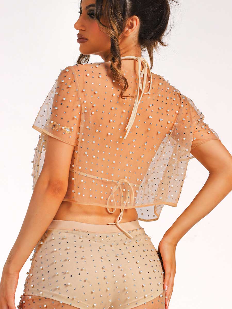 Natural Color Pearl Rhinestone Top and Maxi Skirt Set - Image 5