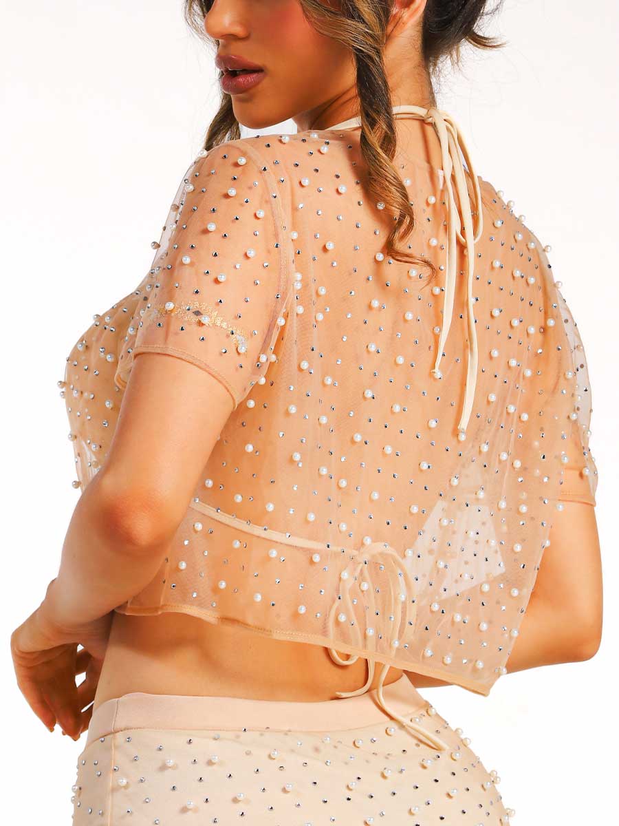 Natural Color Pearl Rhinestone Top and Maxi Skirt Set - Image 7