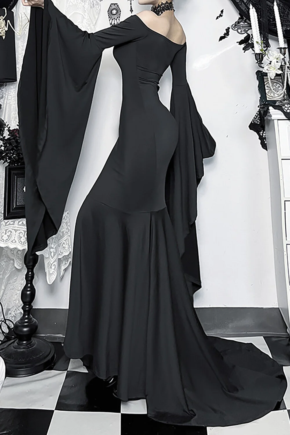 Off Shoulder Bell Sleeve Fitted Mermaid Gowns Maxi Dresses-Black - Image 2