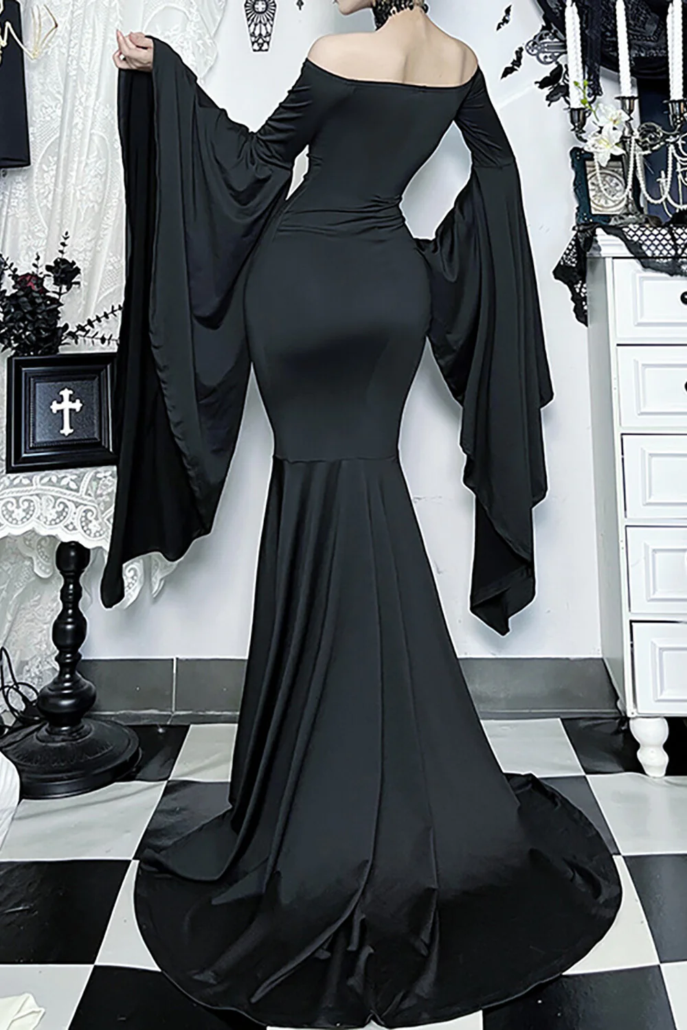 Off Shoulder Bell Sleeve Fitted Mermaid Gowns Maxi Dresses-Black - Image 3
