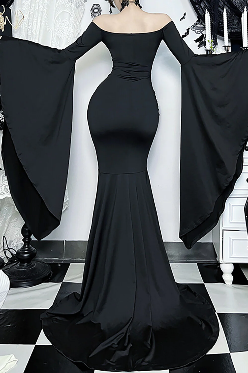 Off Shoulder Bell Sleeve Fitted Mermaid Gowns Maxi Dresses-Black - Image 4