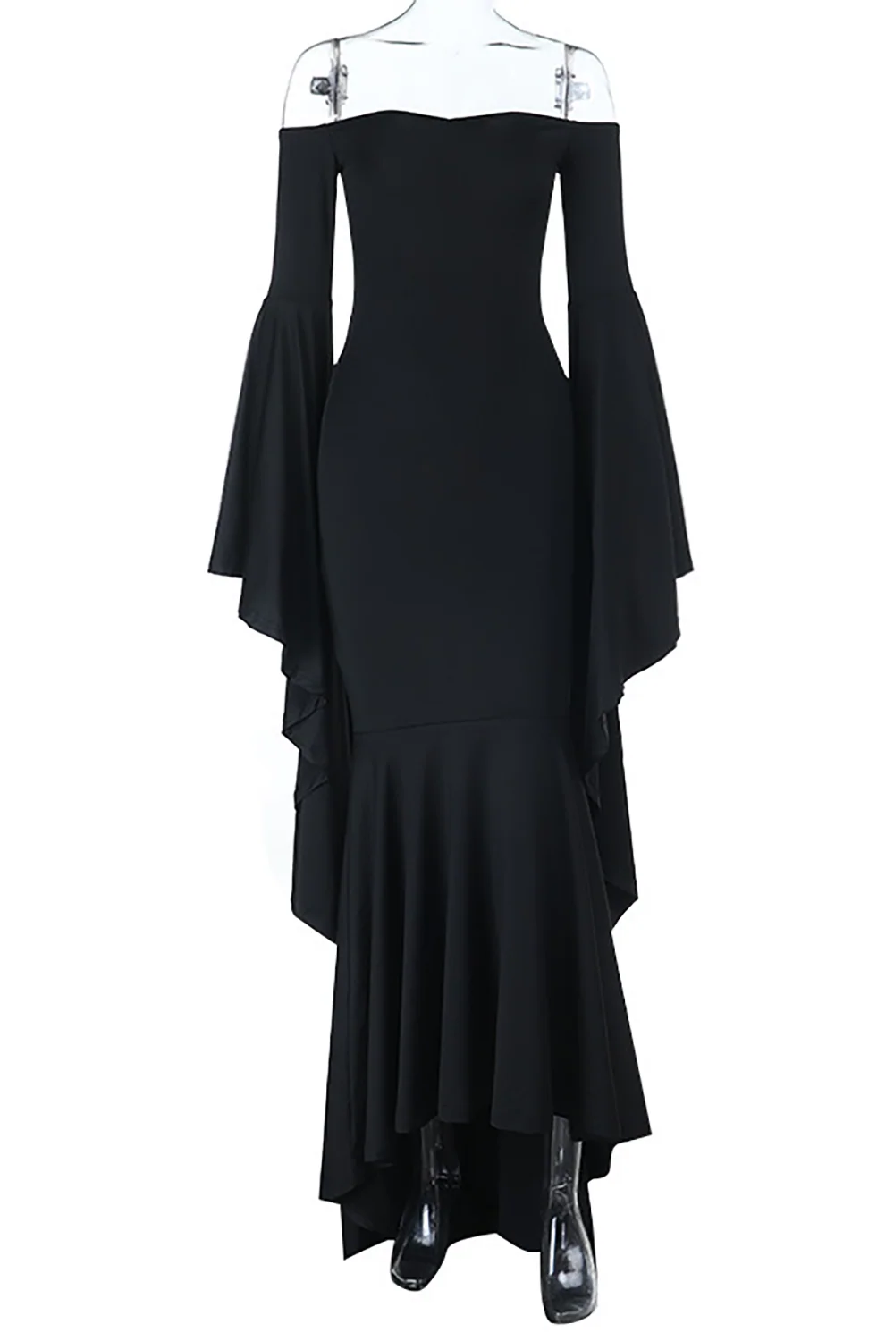 Off Shoulder Bell Sleeve Fitted Mermaid Gowns Maxi Dresses-Black - Image 5