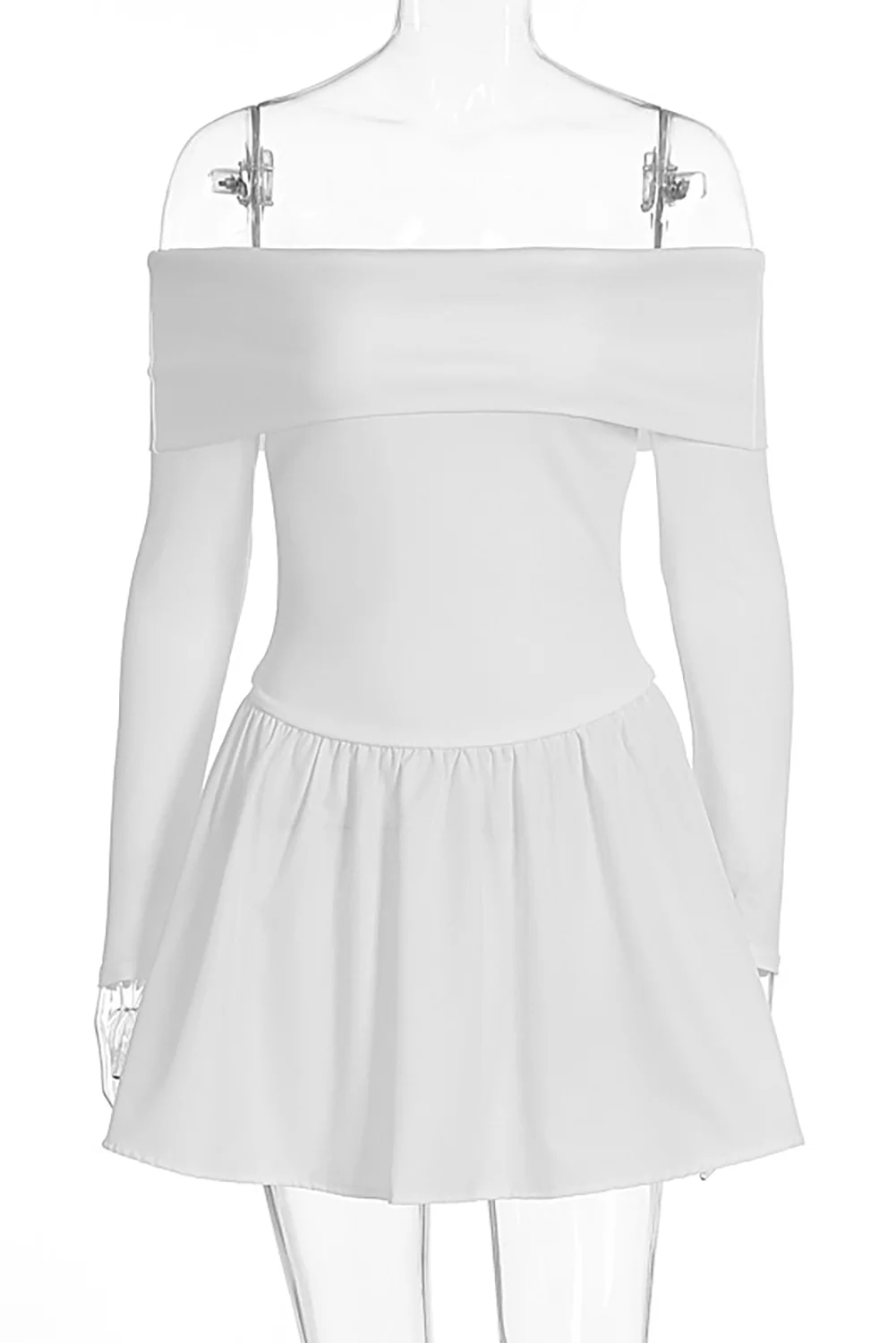 Off Shoulder Boat Neck Long Sleeve Cinch Waist Solid Color Mini Dresses-White - Image 11