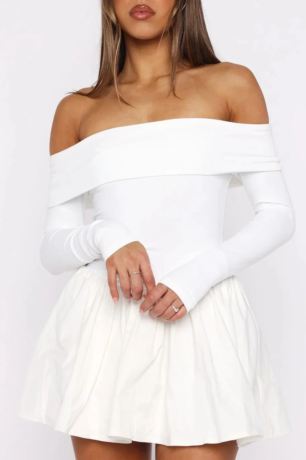 Off Shoulder Boat Neck Long Sleeve Cinch Waist Solid Color Mini Dresses-White - Image 3