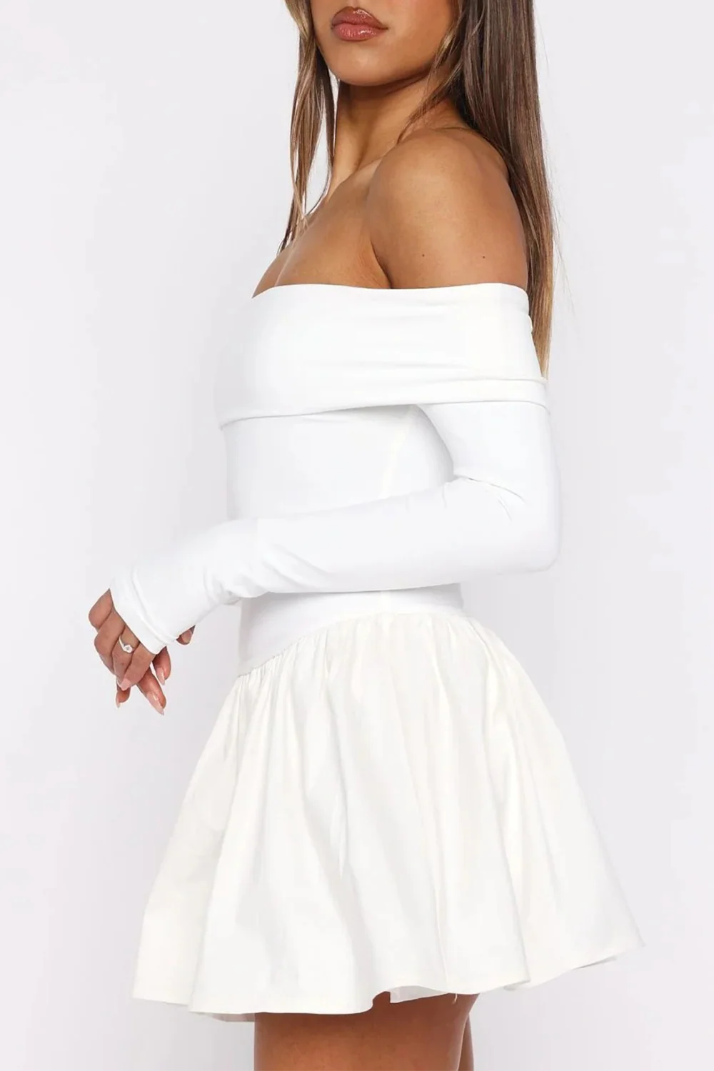Off Shoulder Boat Neck Long Sleeve Cinch Waist Solid Color Mini Dresses-White - Image 4