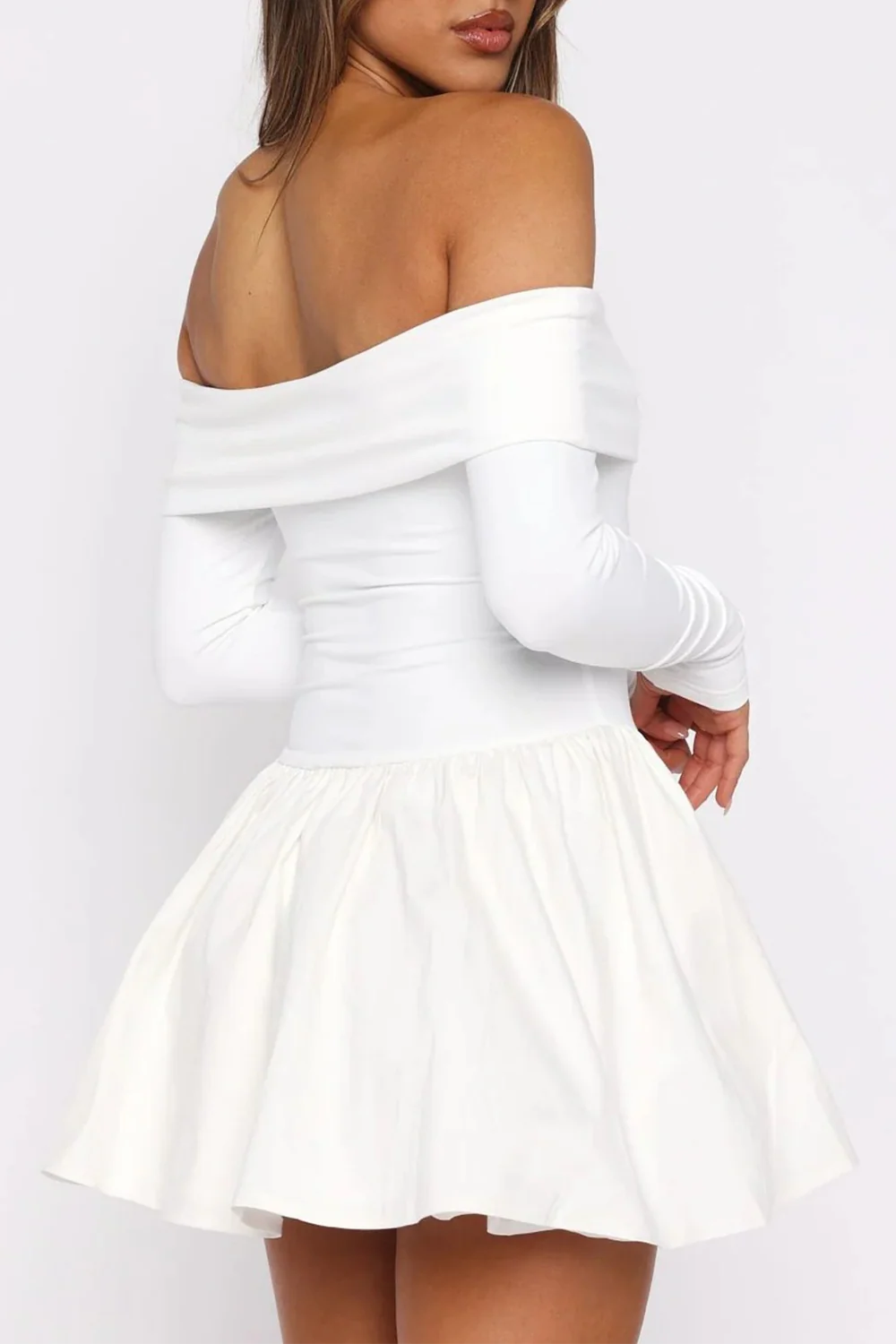 Off Shoulder Boat Neck Long Sleeve Cinch Waist Solid Color Mini Dresses-White - Image 5