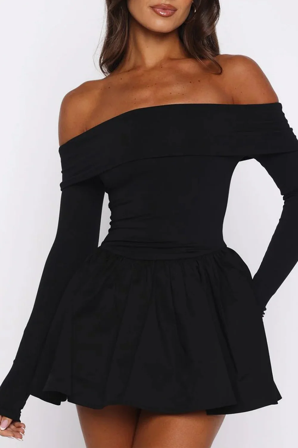 Off Shoulder Boat Neck Long Sleeve Cinch Waist Solid Color Mini Dresses-White - Image 7