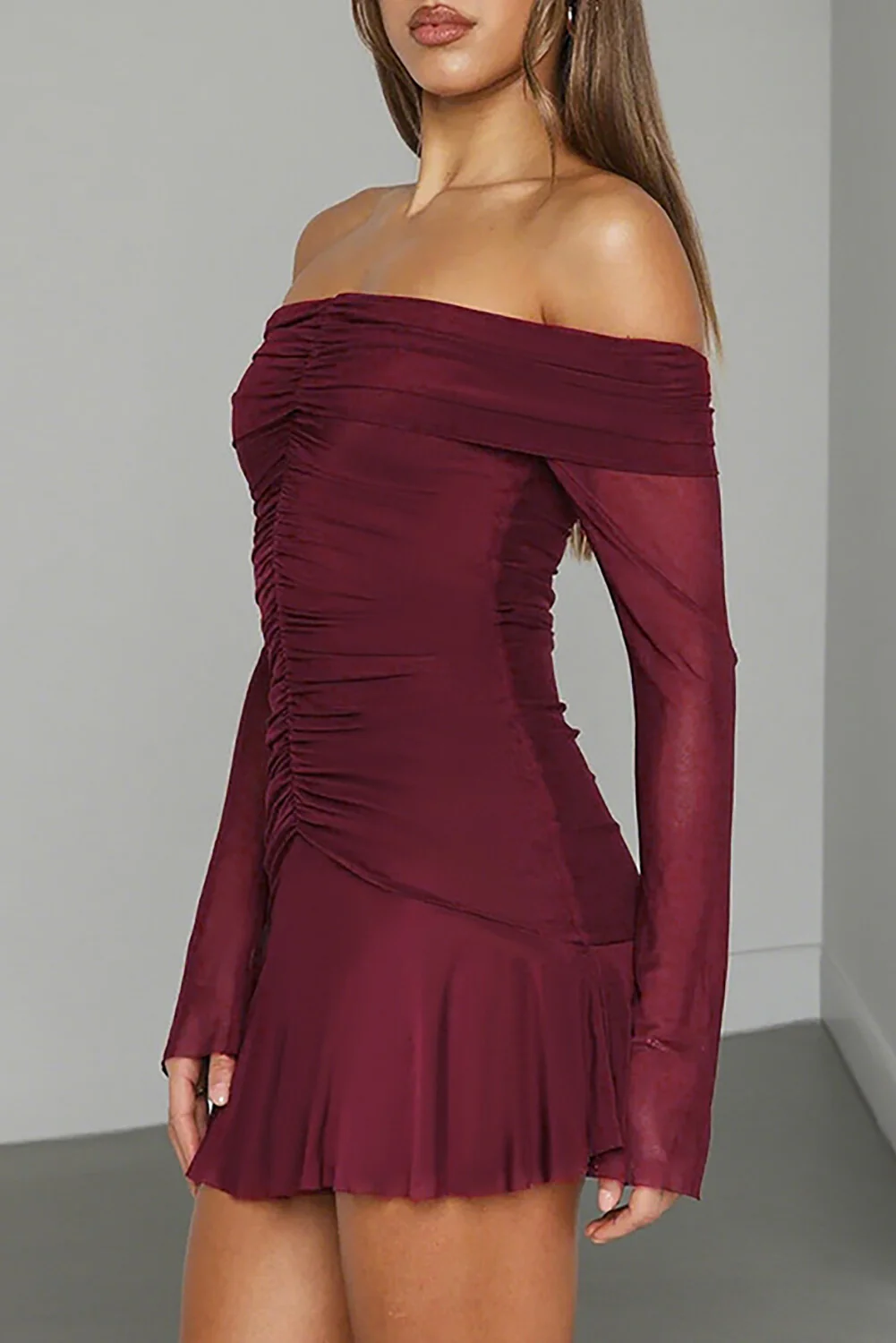 Off Shoulder Boat Neck Long Sleeve Ruched Mini Dresses-Burgundy - Image 2