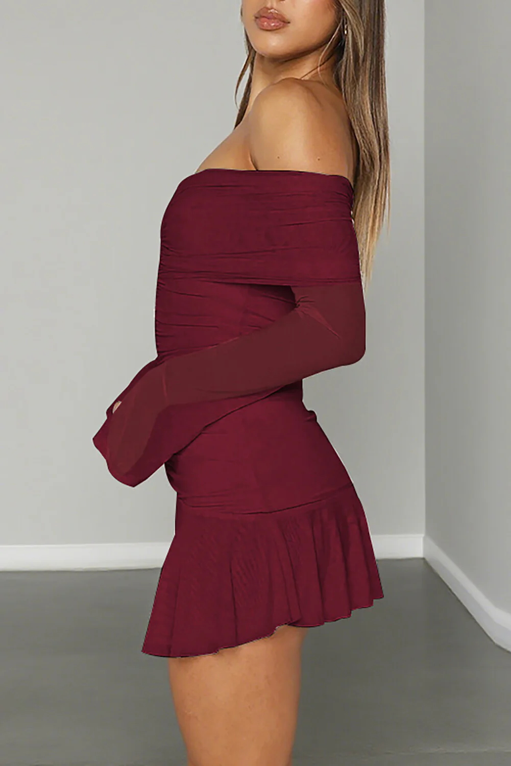 Off Shoulder Boat Neck Long Sleeve Ruched Mini Dresses-Burgundy - Image 3