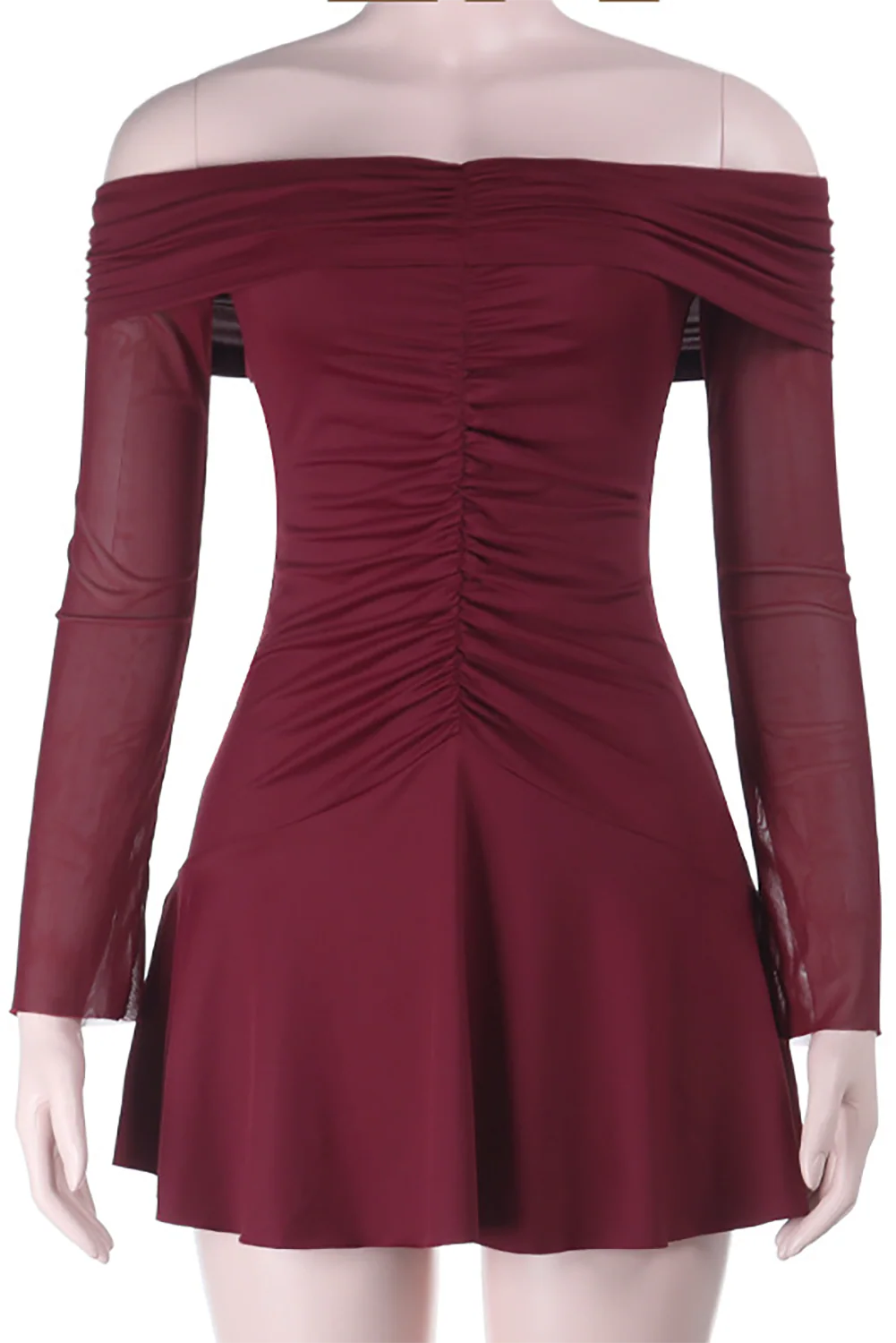 Off Shoulder Boat Neck Long Sleeve Ruched Mini Dresses-Burgundy - Image 5
