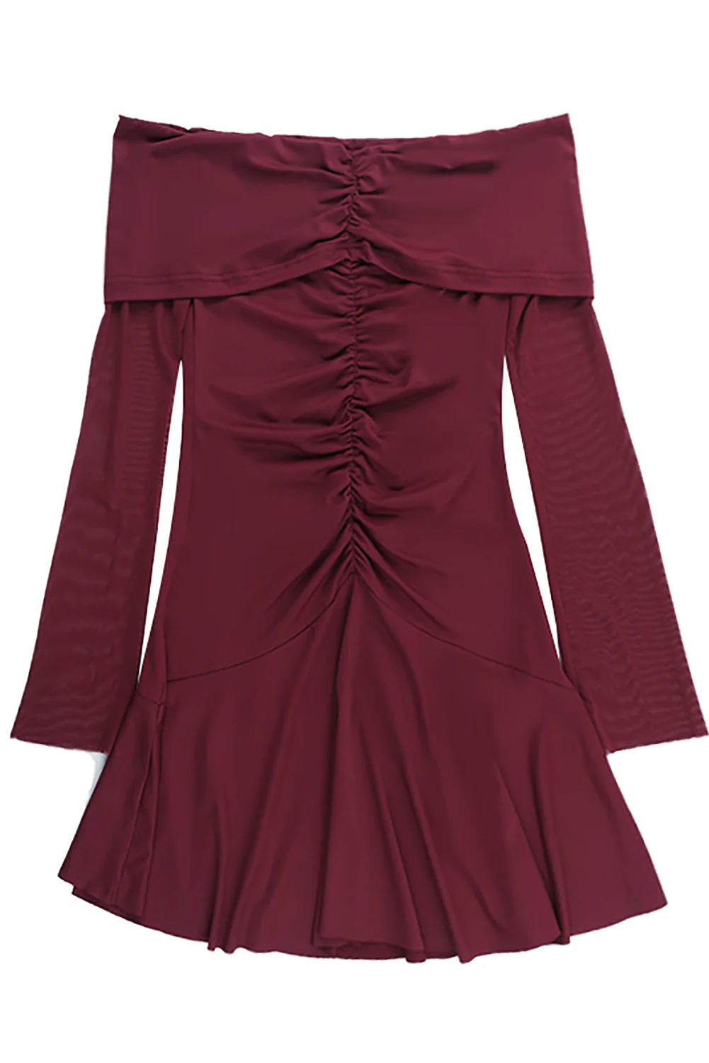 Off Shoulder Boat Neck Long Sleeve Ruched Mini Dresses-Burgundy - Image 6