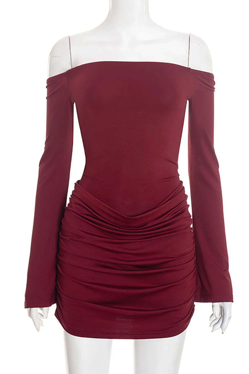 Off Shoulder Boat Neck Long Sleeve Ruched Slim Fit Mini Dresses-Burgundy - Image 10