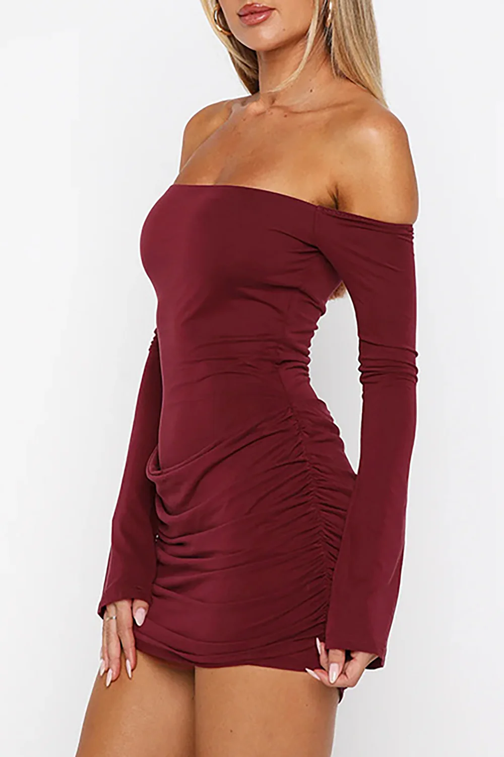 Off Shoulder Boat Neck Long Sleeve Ruched Slim Fit Mini Dresses-Burgundy - Image 2