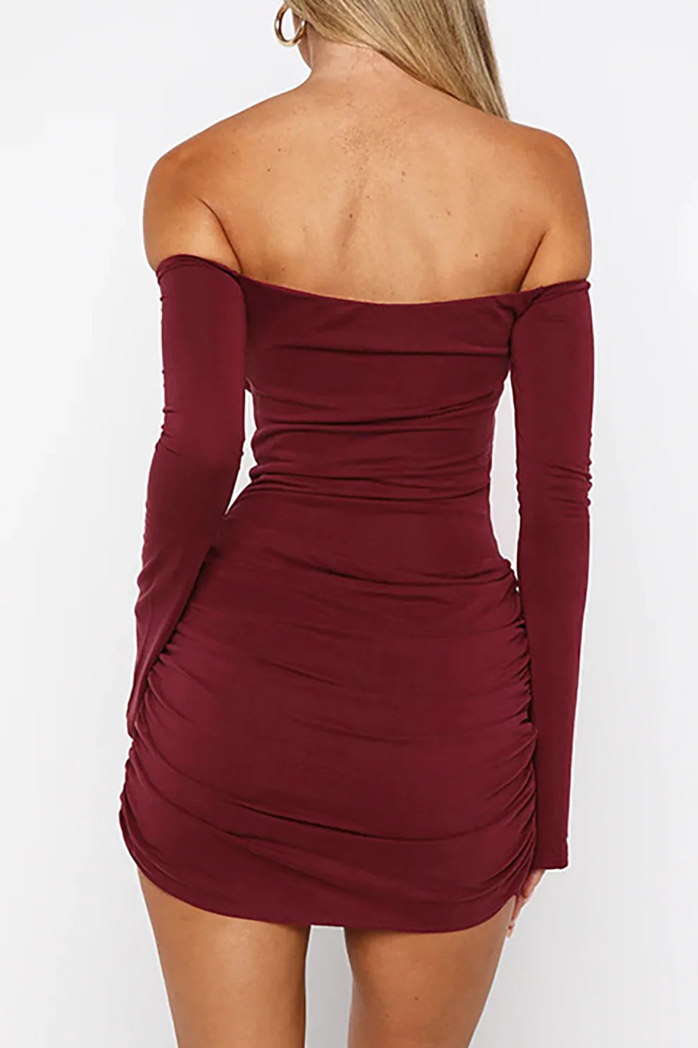 Off Shoulder Boat Neck Long Sleeve Ruched Slim Fit Mini Dresses-Burgundy - Image 3