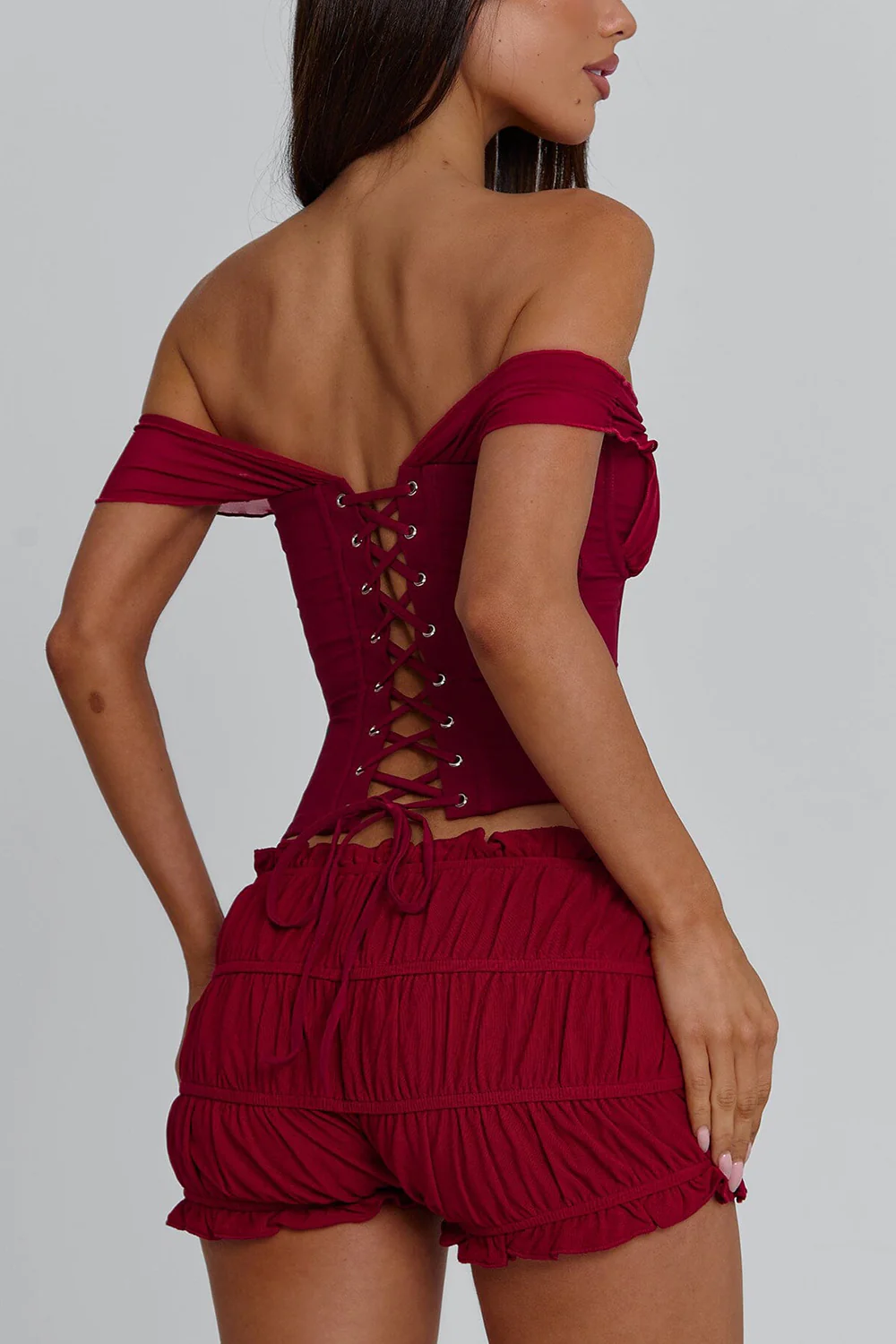 Off Shoulder Cinch Waist Top Shirred Mini Skirt 2pcs Set-Red Pre Order - Image 3