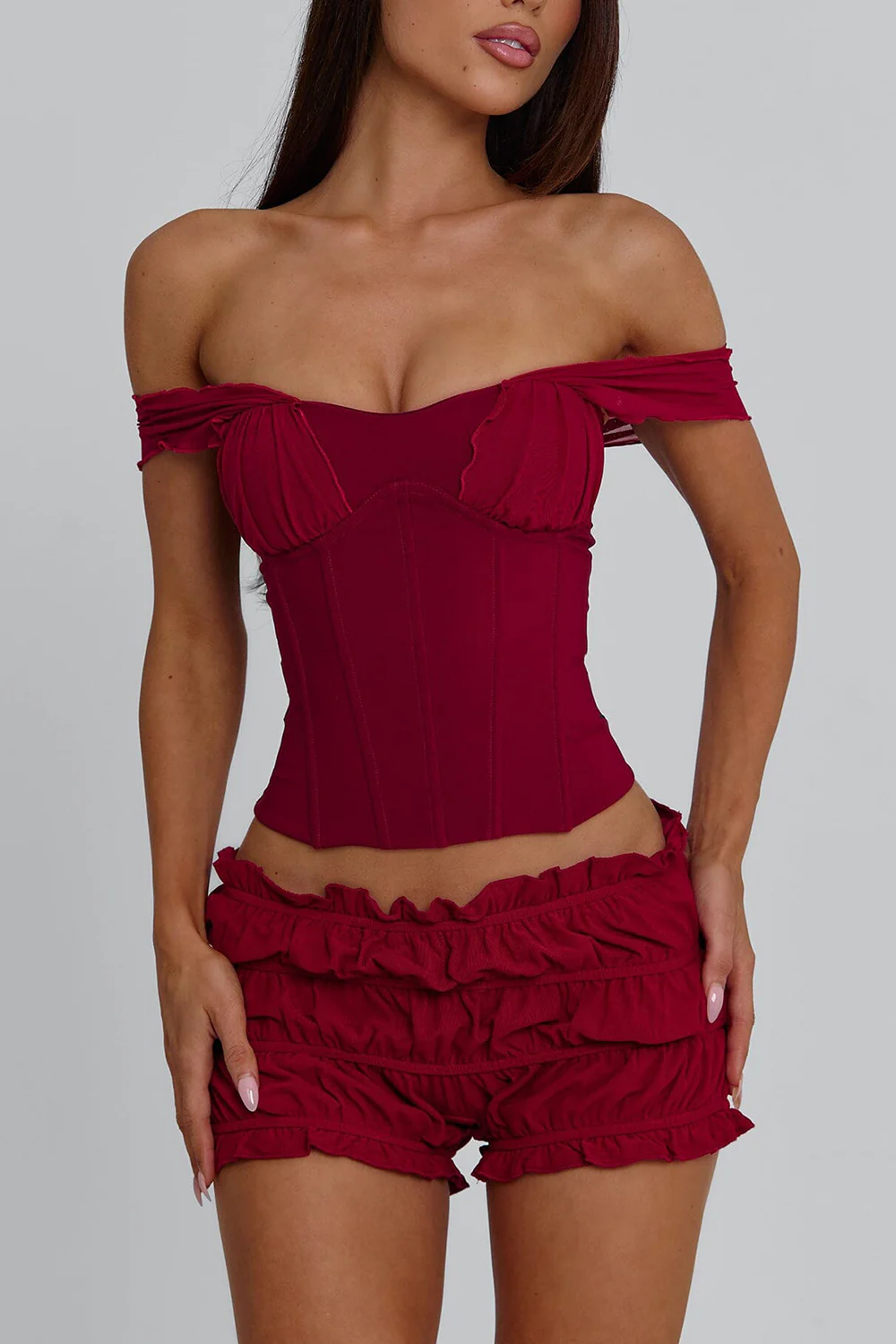Off Shoulder Cinch Waist Top Shirred Mini Skirt 2pcs Set-Red Pre Order - Image 4
