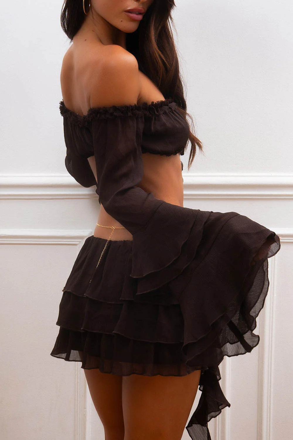 Off Shoulder Crop Top Ruffle Sash Mini Skirt 2pcs Set-Black Pre Order - Image 6