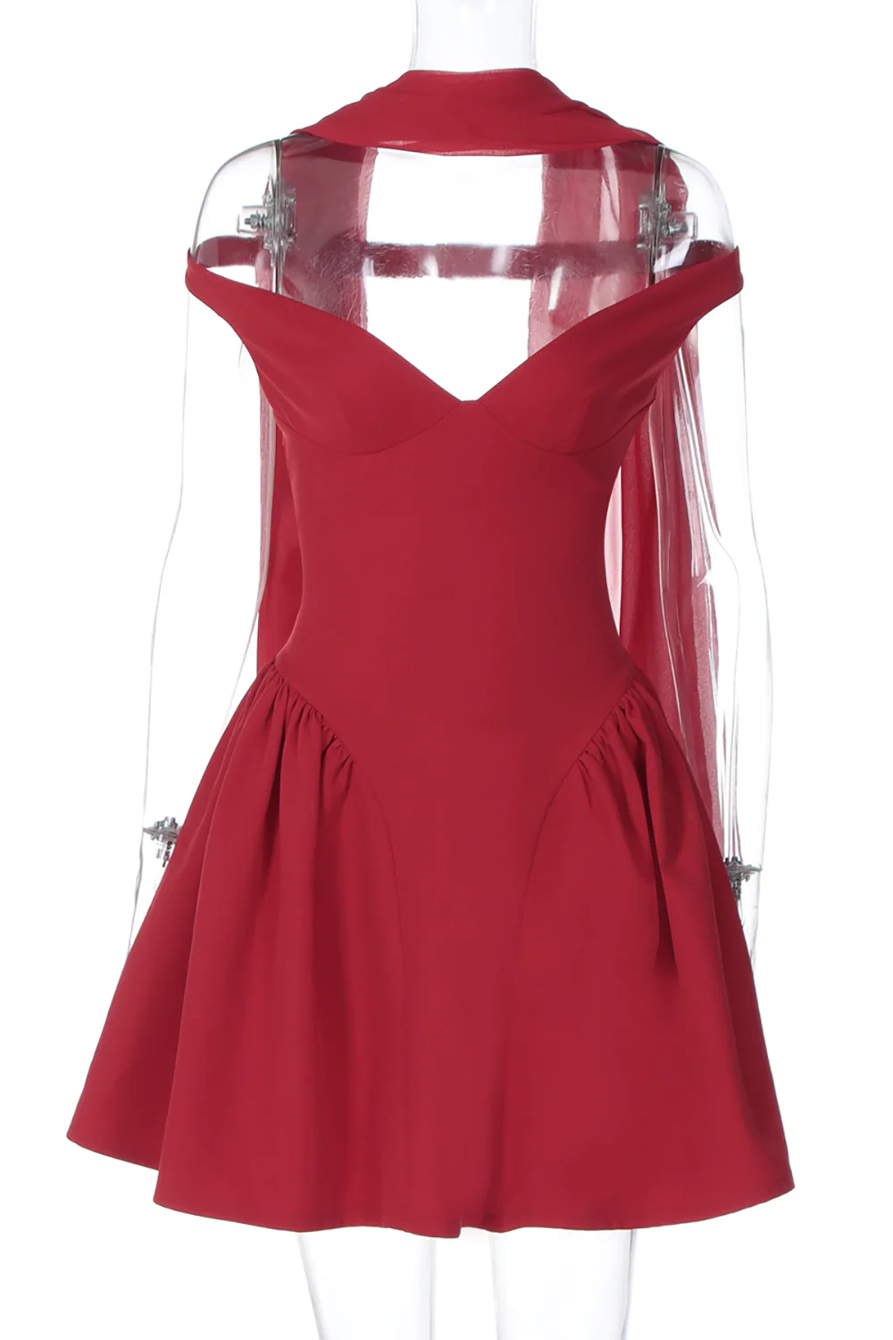 Off Shoulder Deep V Neck Cinch Waist Pleated Hem Solid Color Mini Dresses-Red - Image 13