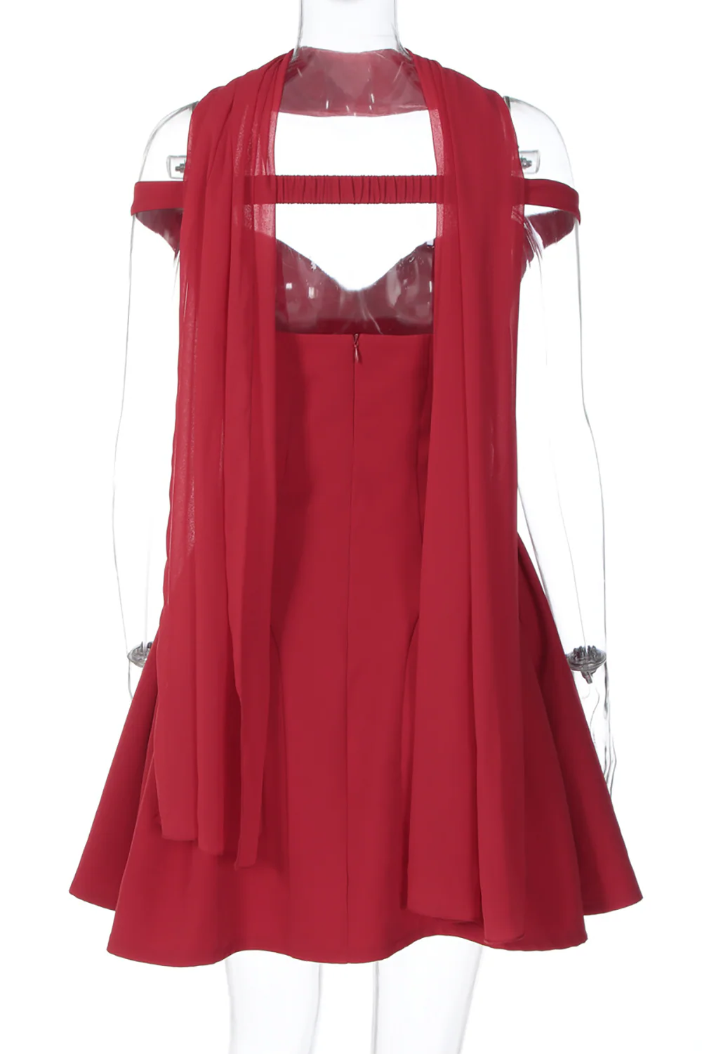 Off Shoulder Deep V Neck Cinch Waist Pleated Hem Solid Color Mini Dresses-Red - Image 14