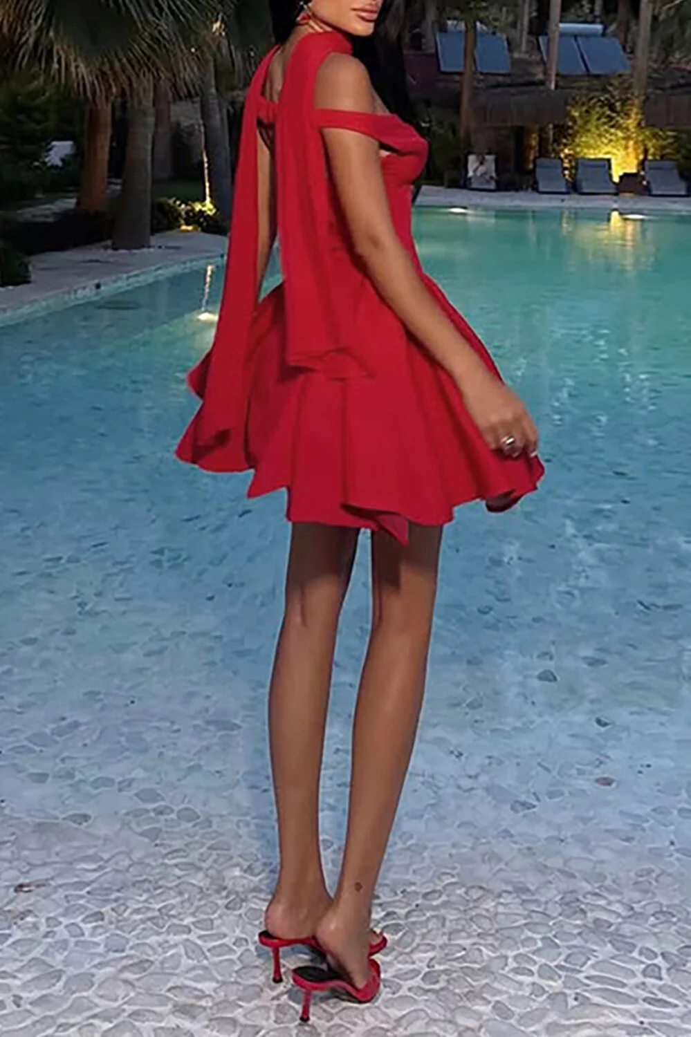 Off Shoulder Deep V Neck Cinch Waist Pleated Hem Solid Color Mini Dresses-Red - Image 5