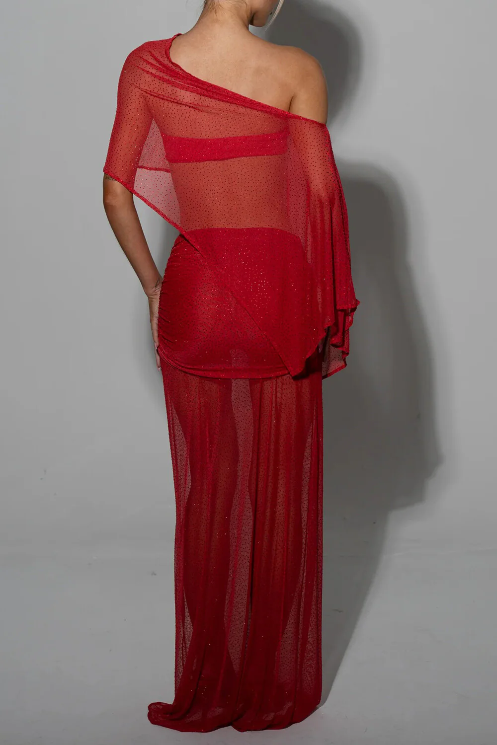 Off Shoulder Irregular Top Fitted See Through Maxi Skirt Set-Red Pre Order - Image 2
