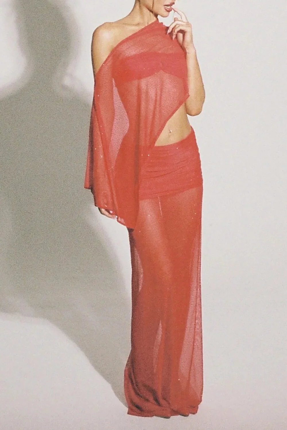 Off Shoulder Irregular Top Fitted See Through Maxi Skirt Set-Red Pre Order - Image 6