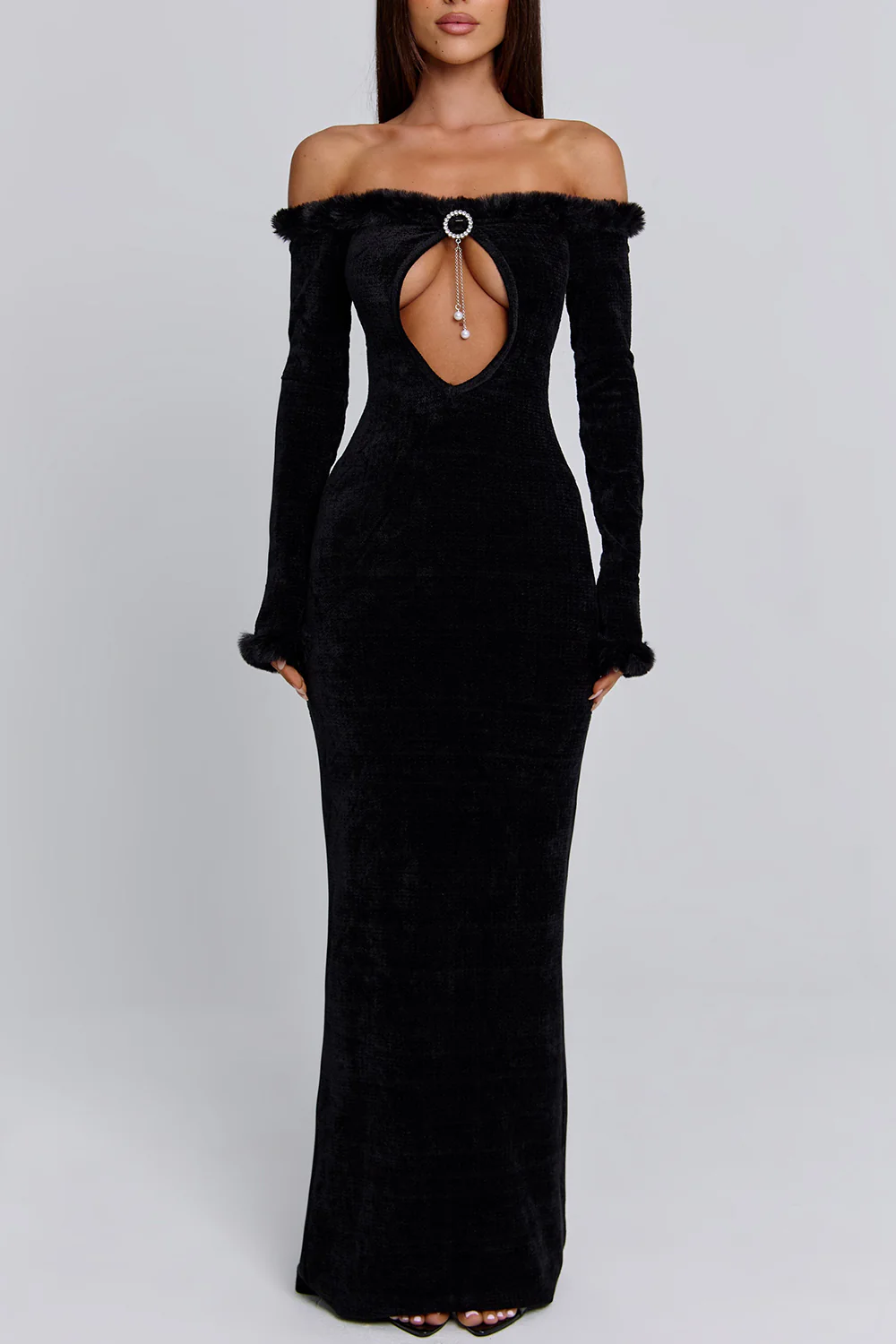 Off Shoulder Keyhole Neck Fuzzy Trim Velvet Maxi Dresses-Black Pre Order - Image 2