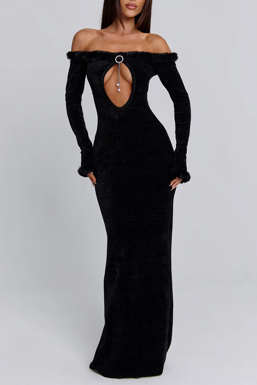 Off Shoulder Keyhole Neck Fuzzy Trim Velvet Maxi Dresses-Black Pre Order - Image 3