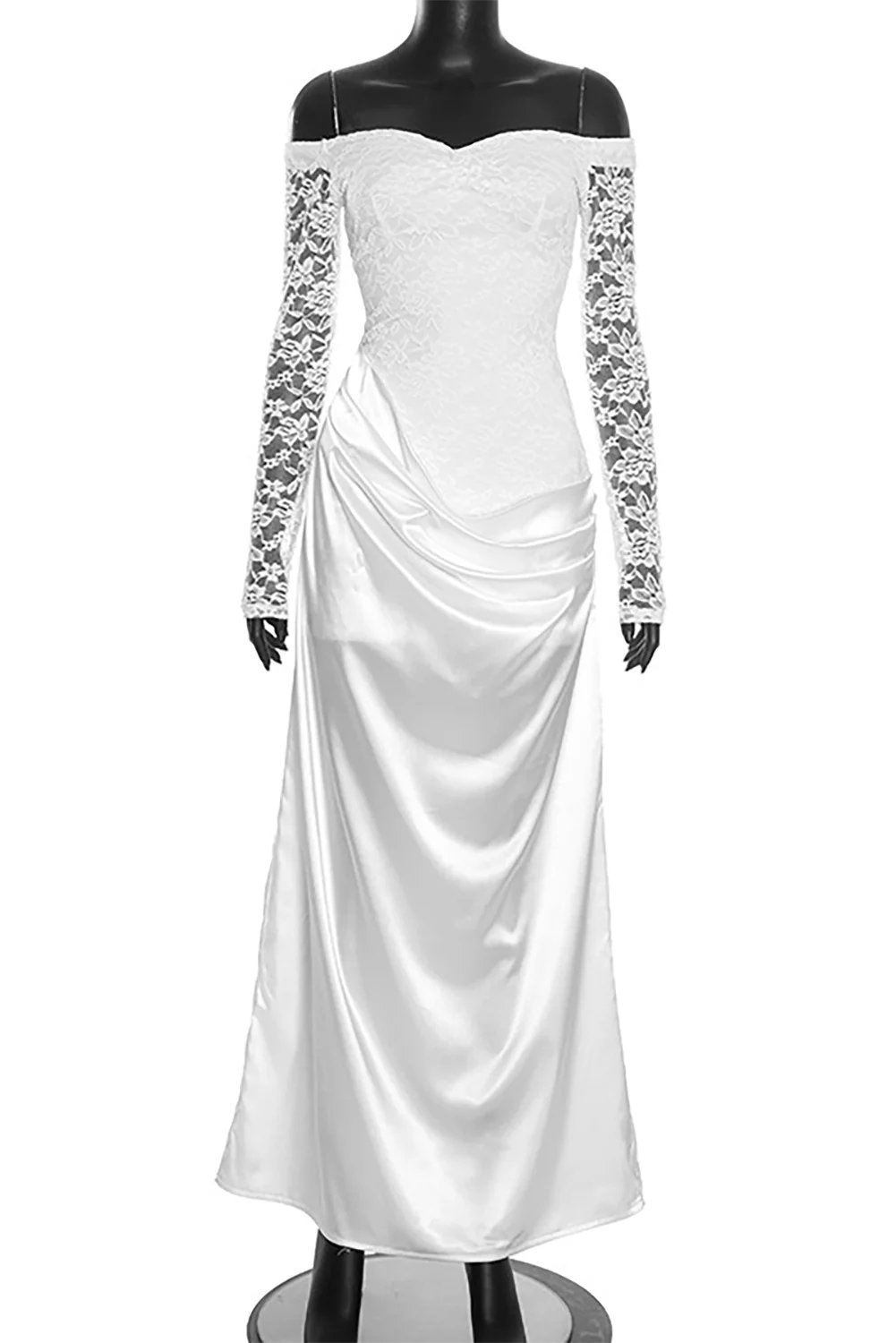 Off Shoulder Lace Patchwork Long Sleeve Ruched Slim Fit Maxi Dresses-White - Image 8