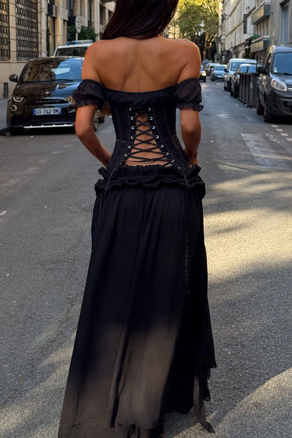 Off Shoulder Lace-Up Top Layered Maxi Skirt 2pcs Set-Black Pre Order - Image 4