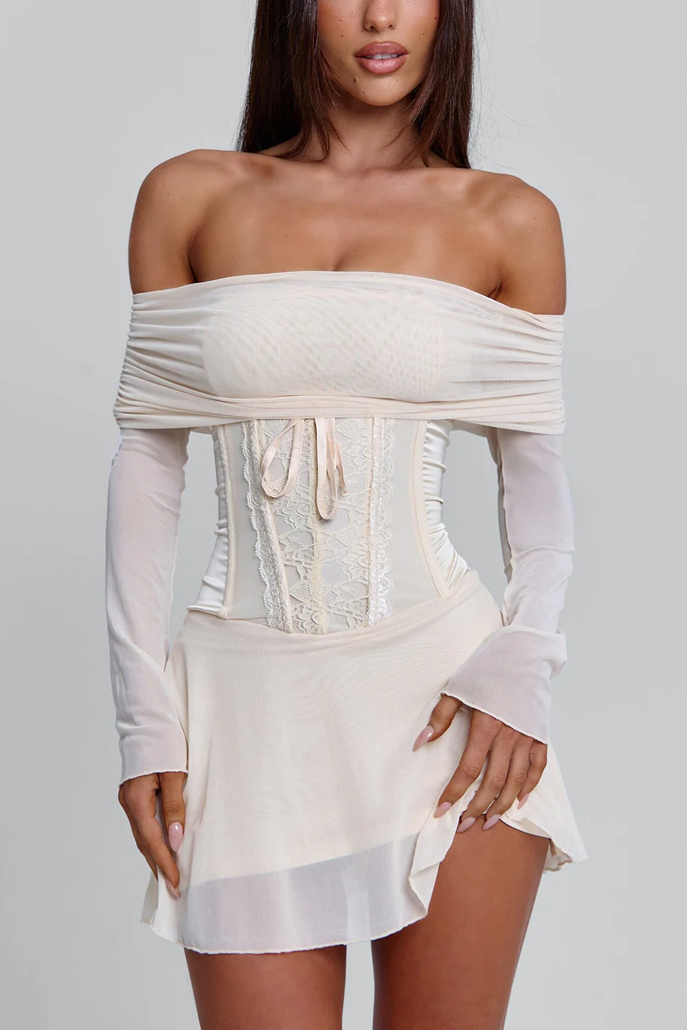 Off Shoulder Long Sleeve Cinch Waist Mesh Mini Dresses-White Pre Order - Image 2