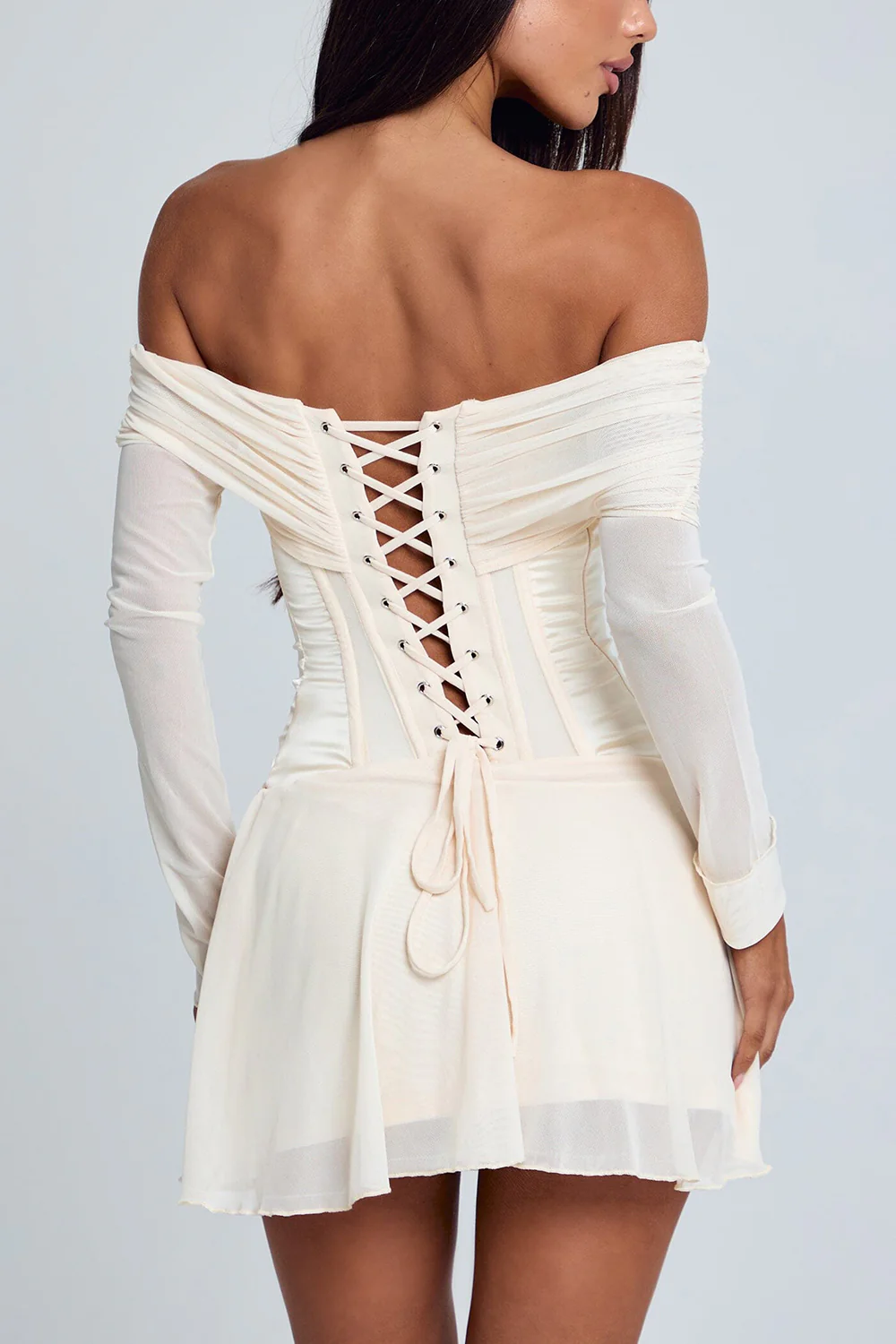 Off Shoulder Long Sleeve Cinch Waist Mesh Mini Dresses-White Pre Order - Image 3