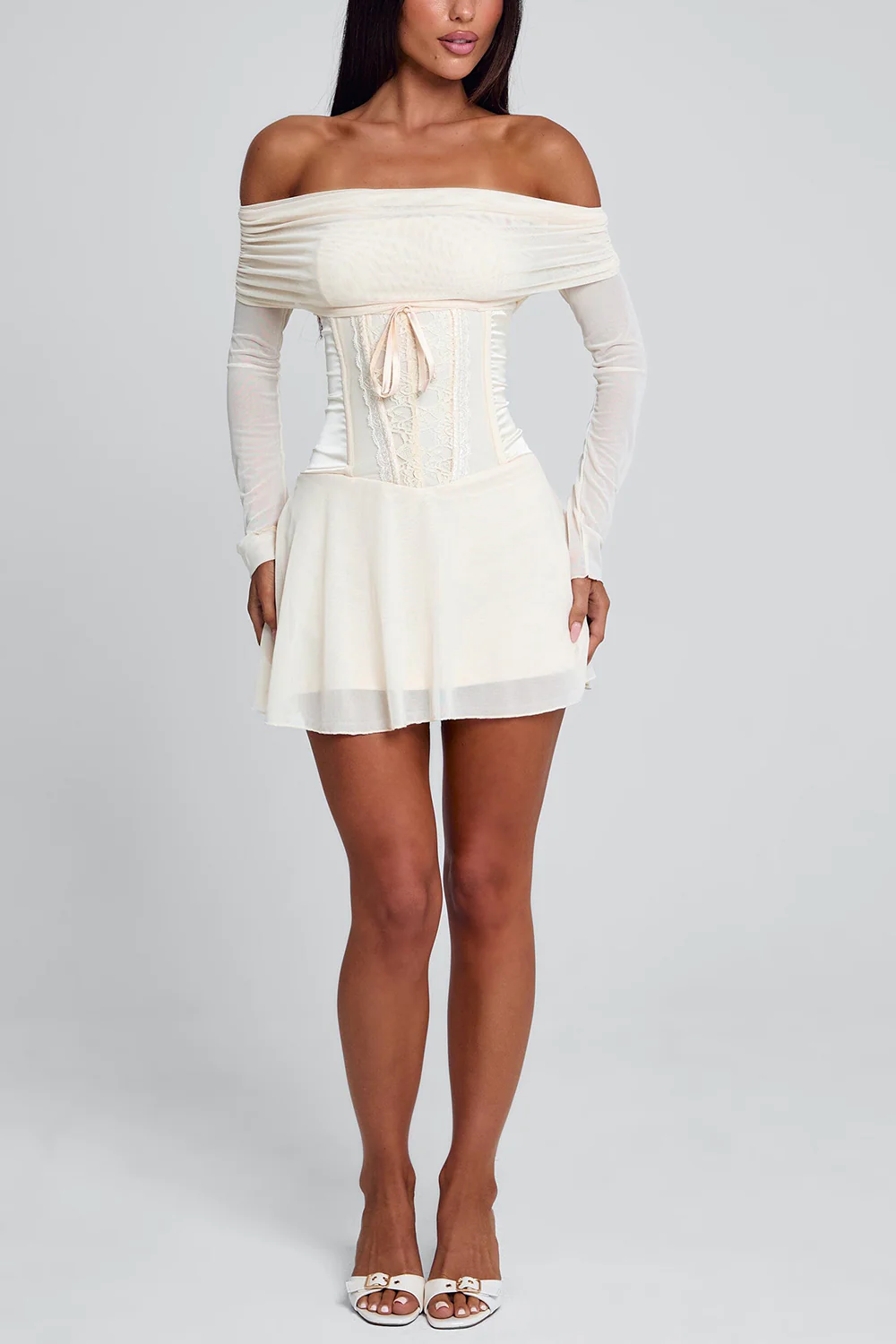 Off Shoulder Long Sleeve Cinch Waist Mesh Mini Dresses-White Pre Order - Image 4