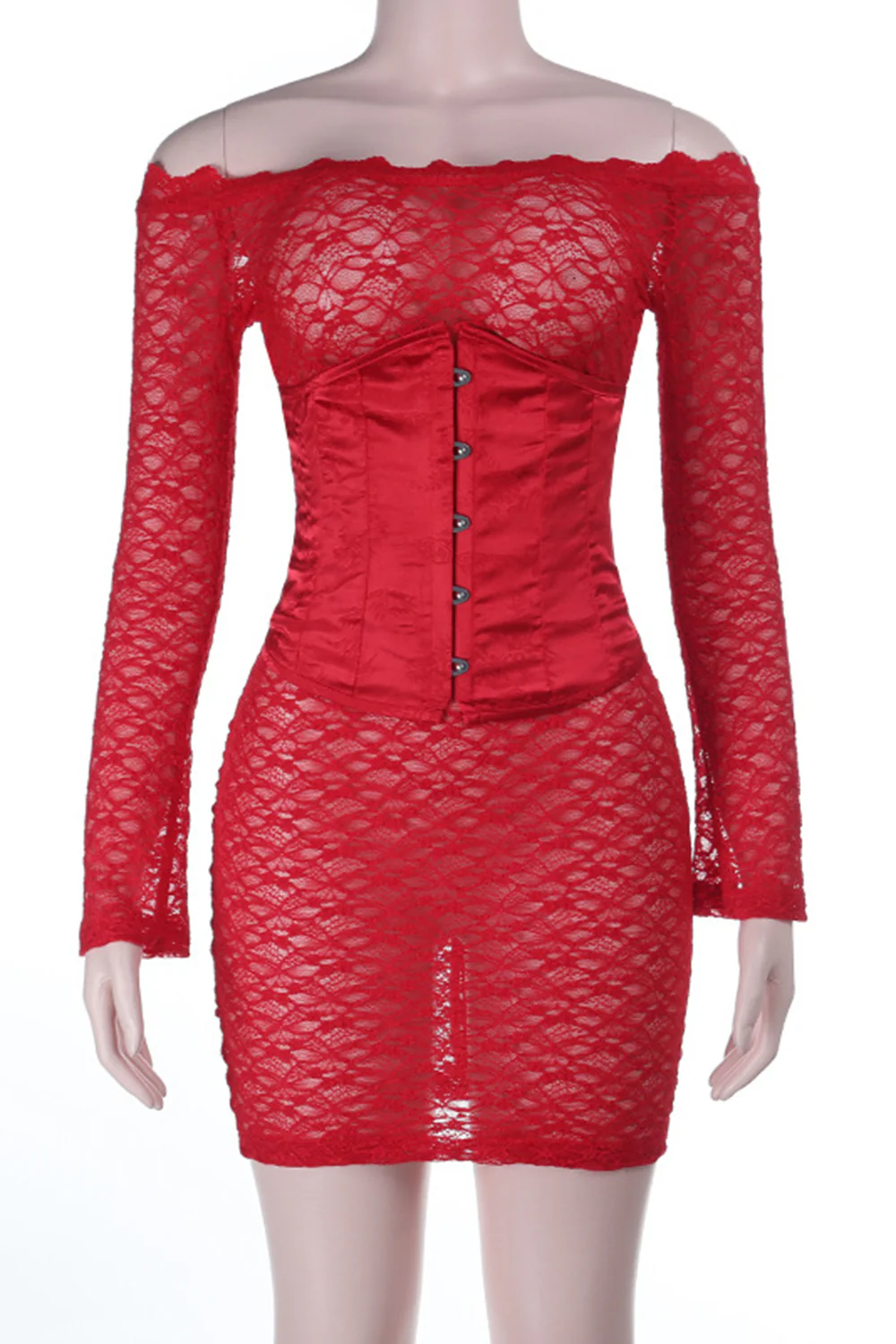 Off Shoulder Long Sleeve Lace Corset Lace Up Mini Dresses-Red - Image 4