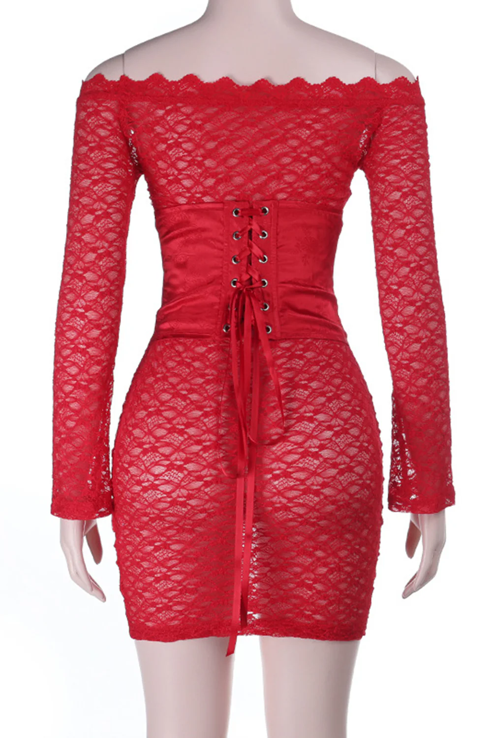 Off Shoulder Long Sleeve Lace Corset Lace Up Mini Dresses-Red - Image 5