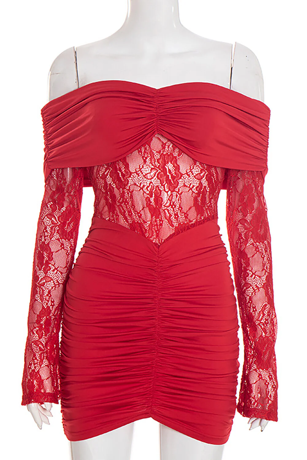 Off Shoulder Long Sleeve Lace Patchwork Ruched Fitted Mini Dresses-Red - Image 10
