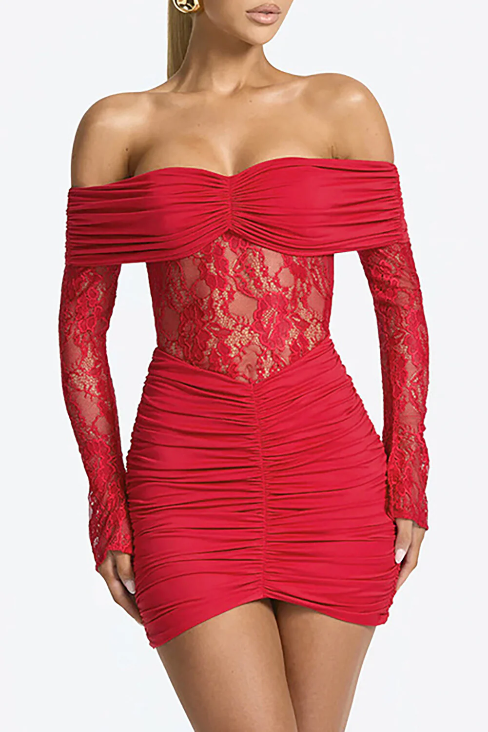 Off Shoulder Long Sleeve Lace Patchwork Ruched Fitted Mini Dresses-Red - Image 2