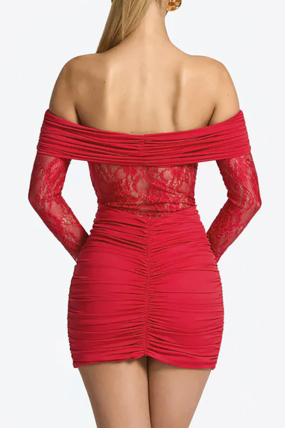 Off Shoulder Long Sleeve Lace Patchwork Ruched Fitted Mini Dresses-Red - Image 4