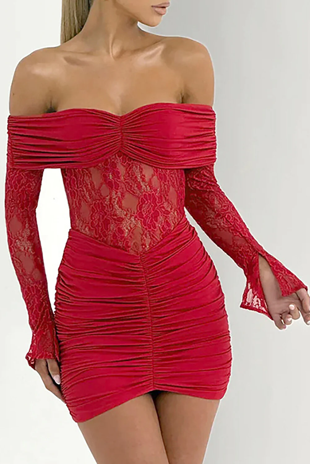 Off Shoulder Long Sleeve Lace Patchwork Ruched Fitted Mini Dresses-Red - Image 5