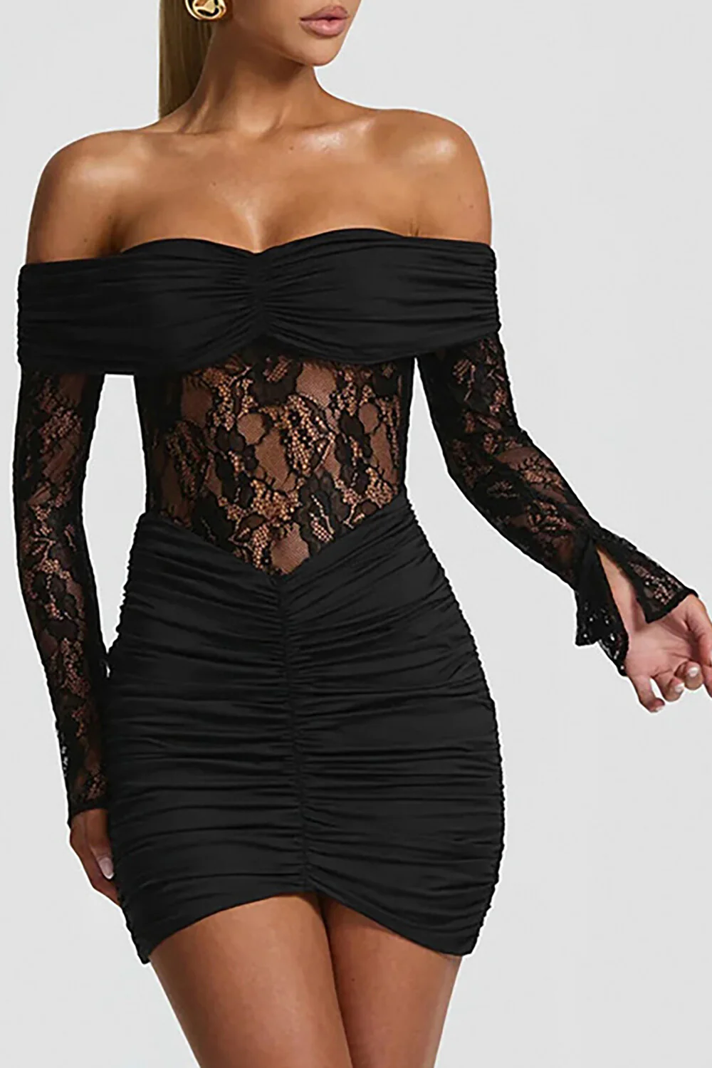 Off Shoulder Long Sleeve Lace Patchwork Ruched Fitted Mini Dresses-Red - Image 8