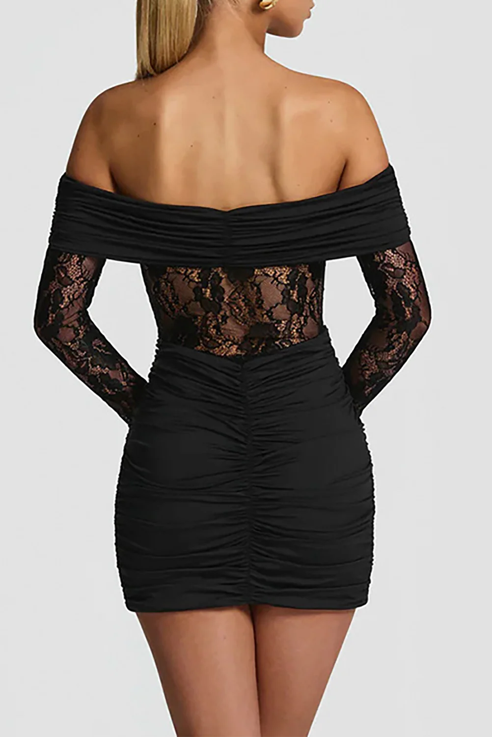 Off Shoulder Long Sleeve Lace Patchwork Ruched Fitted Mini Dresses-Red - Image 9