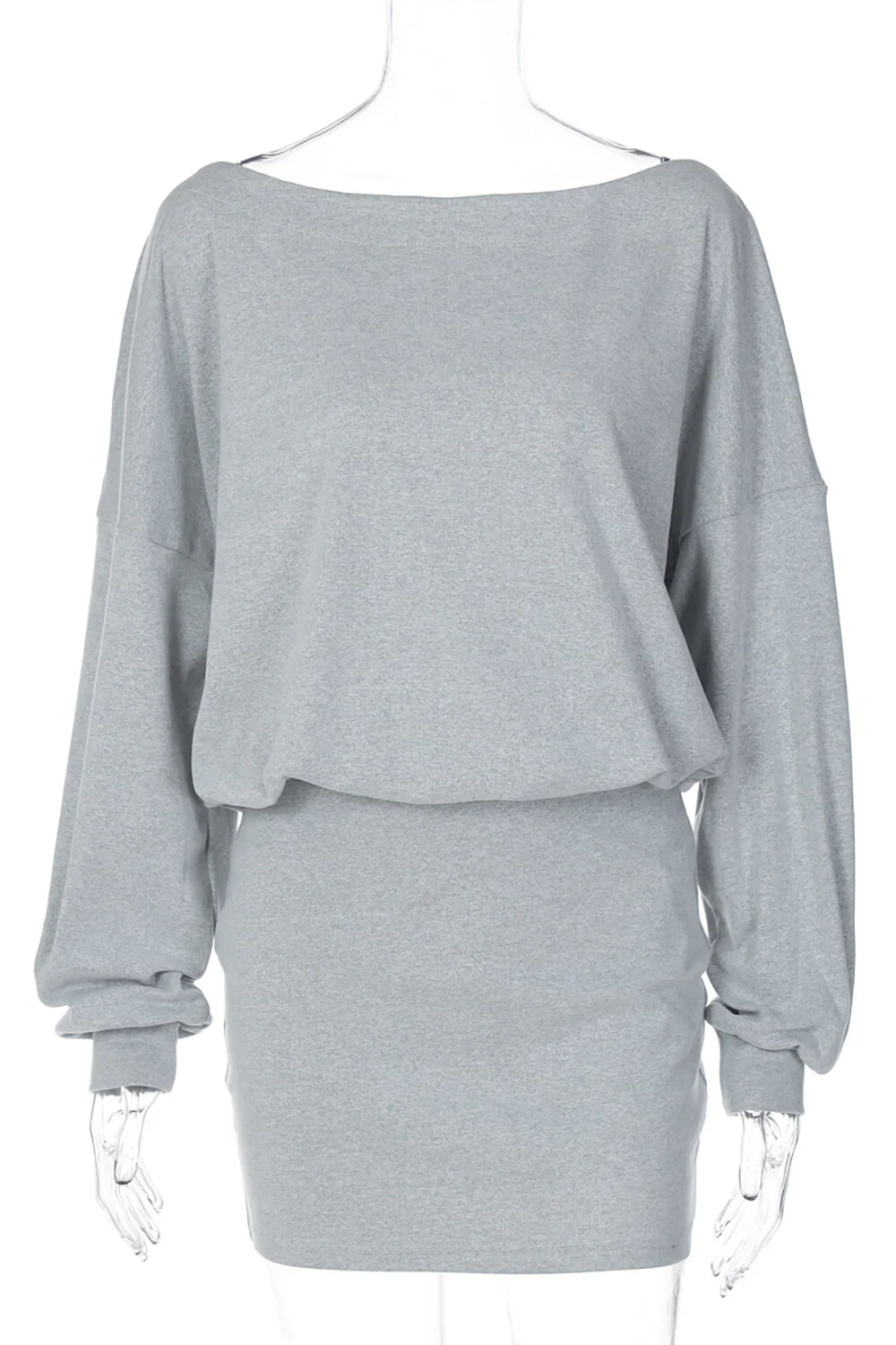 Off Shoulder Long Sleeve Solid Color Bodycon Casual Mini Dresses-Grey - Image 10