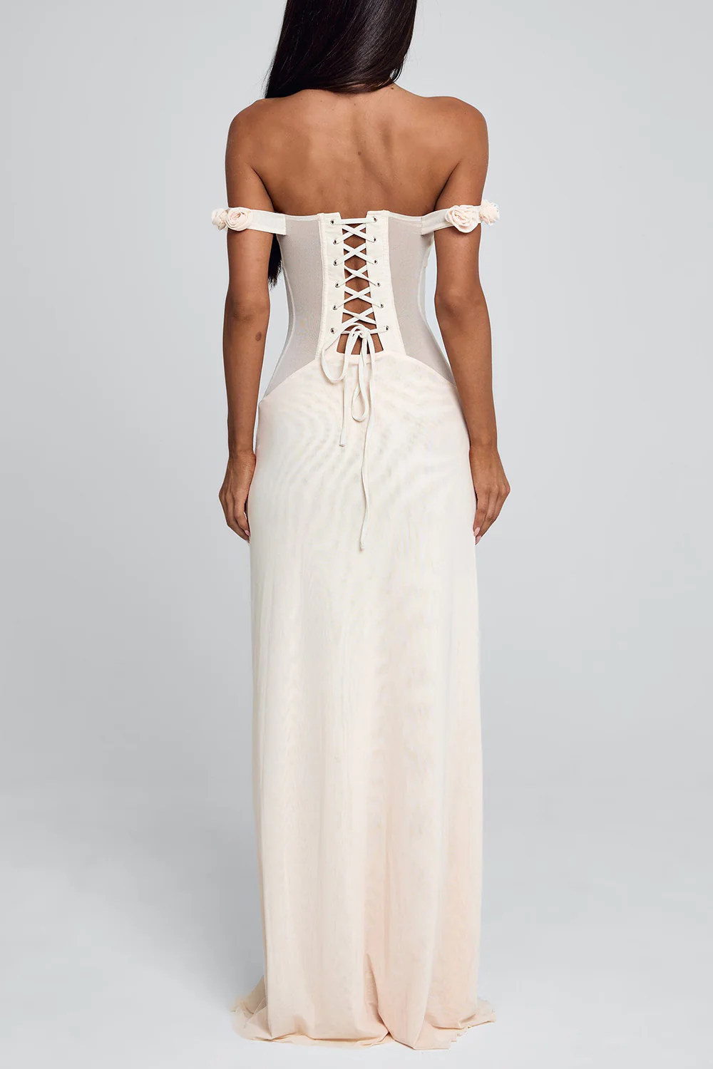 Off Shoulder Mesh Patchwork Rosette Ruffle Maxi Dresses-Beige Pre Order - Image 3