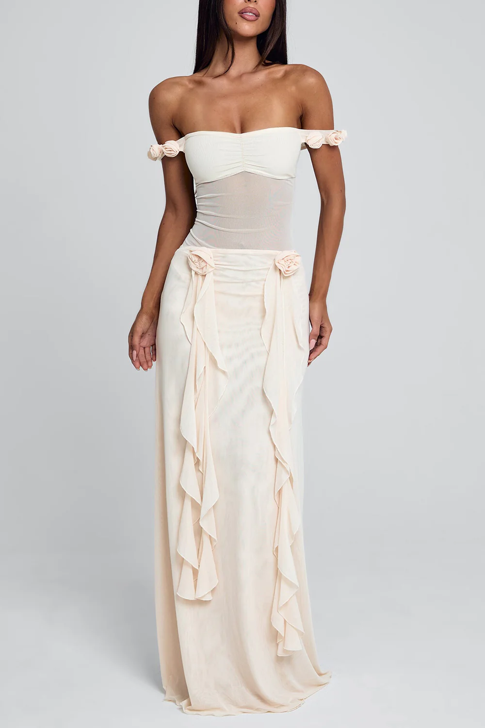 Off Shoulder Mesh Patchwork Rosette Ruffle Maxi Dresses-Beige Pre Order - Image 4
