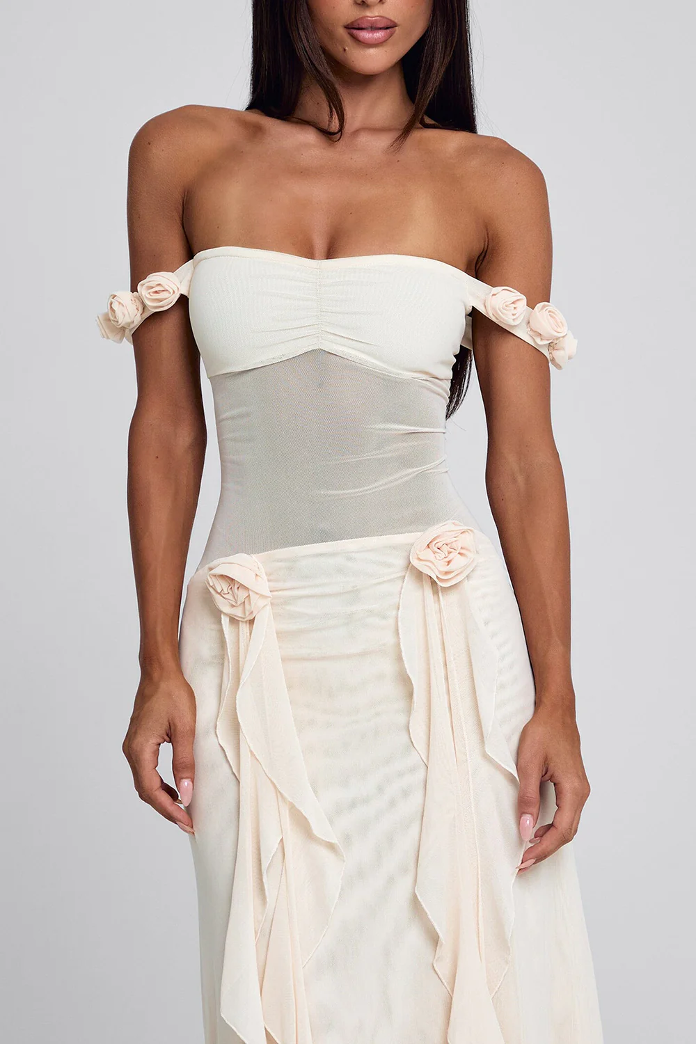 Off Shoulder Mesh Patchwork Rosette Ruffle Maxi Dresses-Beige Pre Order - Image 5