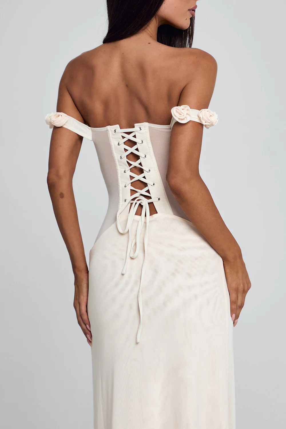 Off Shoulder Mesh Patchwork Rosette Ruffle Maxi Dresses-Beige Pre Order - Image 7