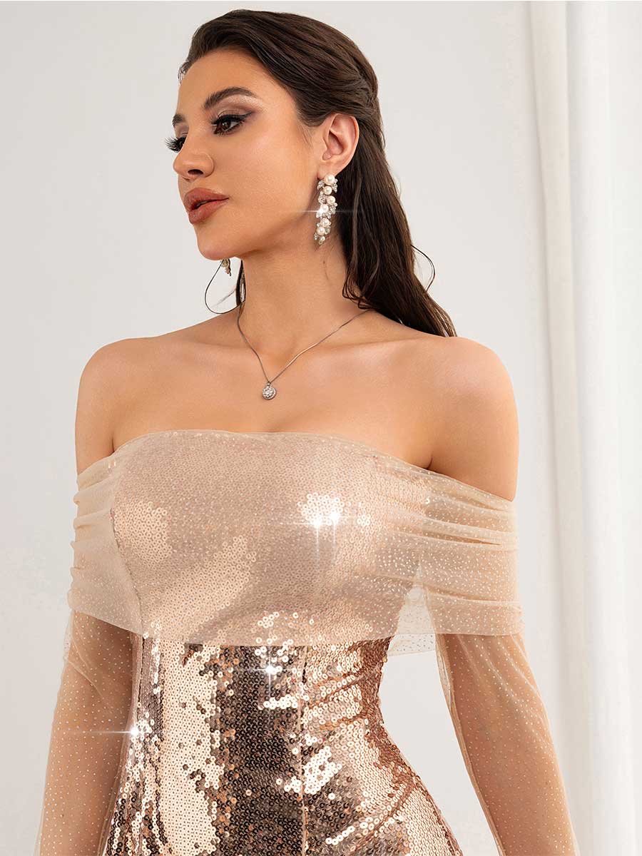 Off-Shoulder Mesh Patchwork Sequin Party Mini Dress - Image 5