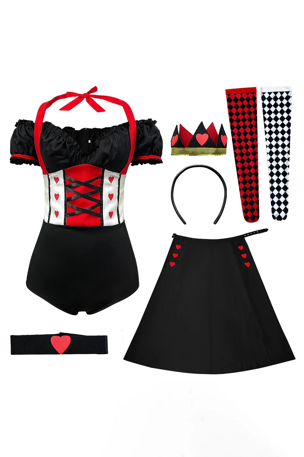 Off Shoulder Playsuit Romper Hearts Print Slit Maxi Skirt Halloween Set-Black - Image 5