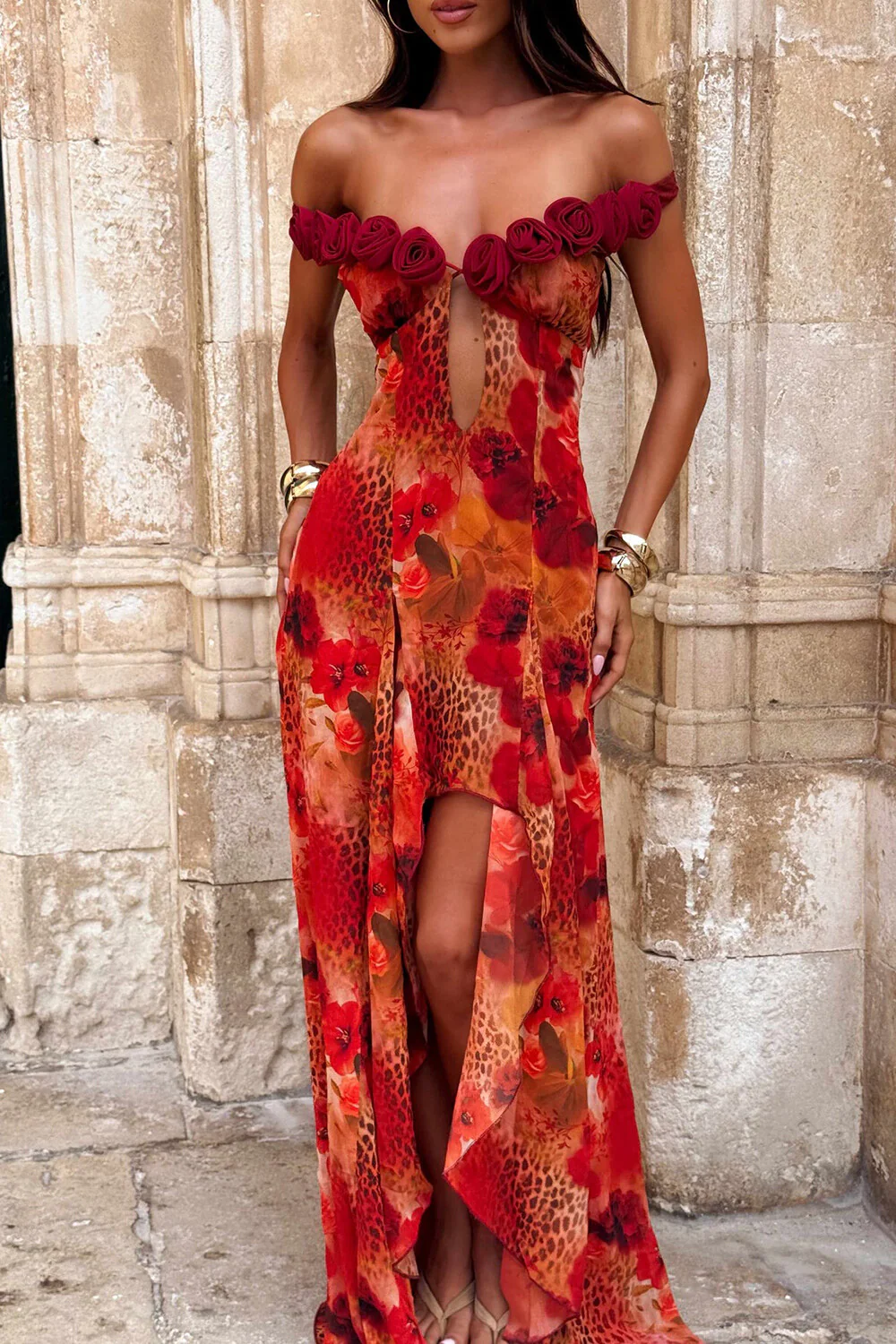 Off Shoulder Rosette Leopard Print Irregular Hem Maxi Dresses-Red Pre Order - Image 2