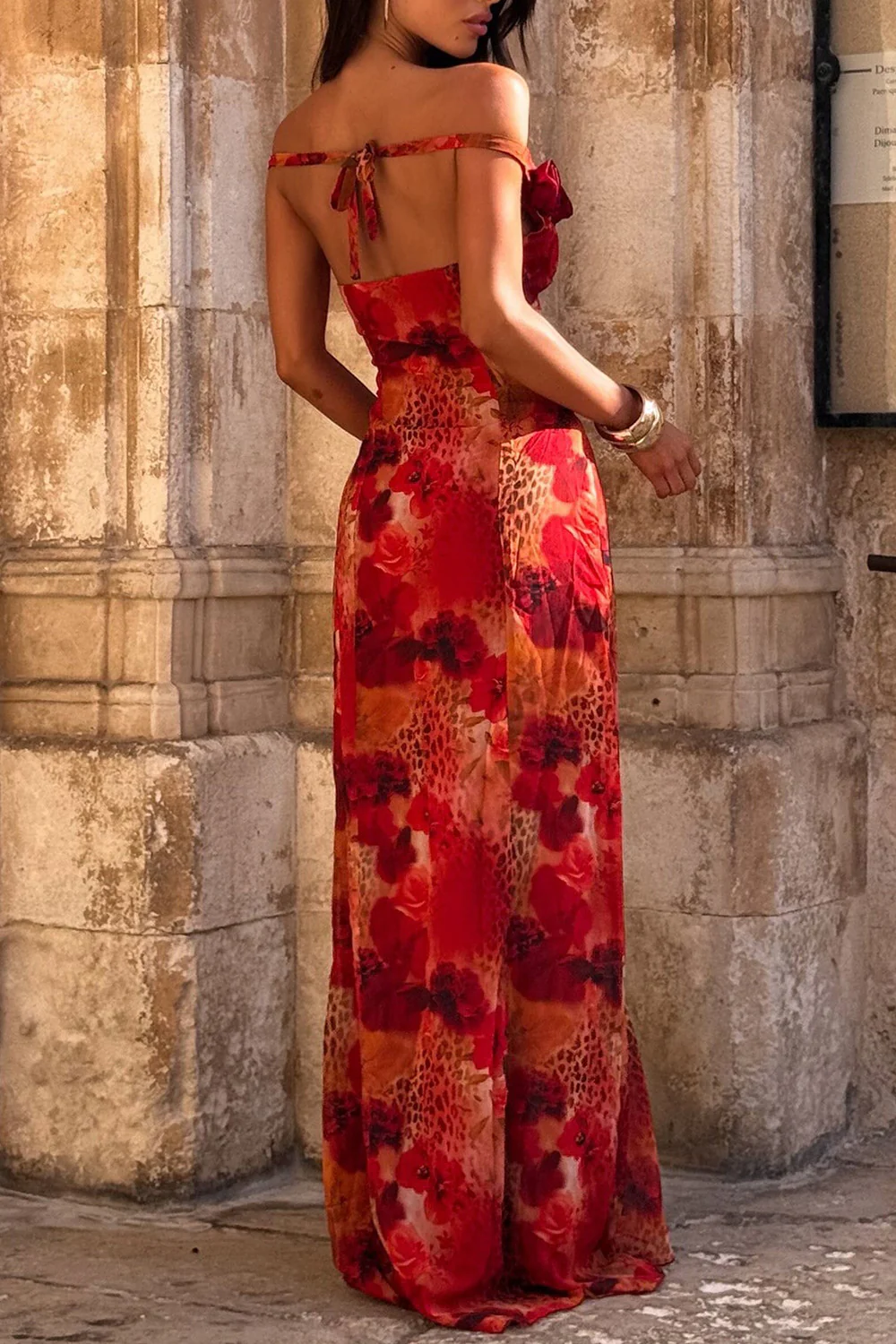 Off Shoulder Rosette Leopard Print Irregular Hem Maxi Dresses-Red Pre Order - Image 4
